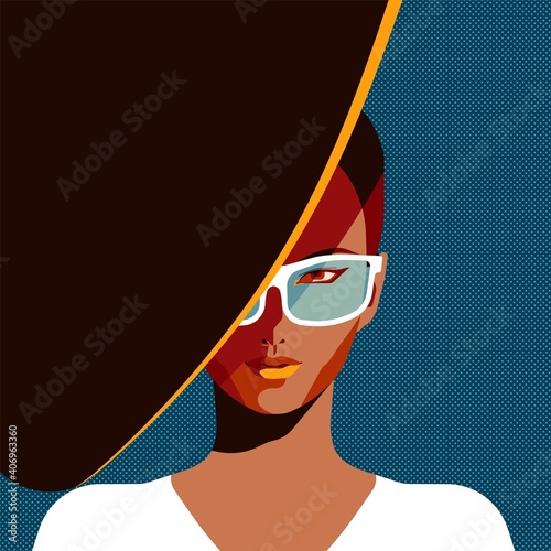 Woman in Hat and Sunglasses, fashion portrait with creative shadows