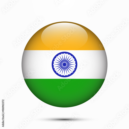 India flag vector circle shape button. Clear circle isolated India flag background button. Transparent glossy glass button. Vector Illustration