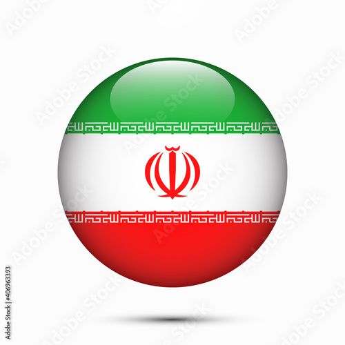 Iran flag vector circle shape button. Clear circle isolated Iran flag background button. Transparent glossy glass button. Vector Illustration