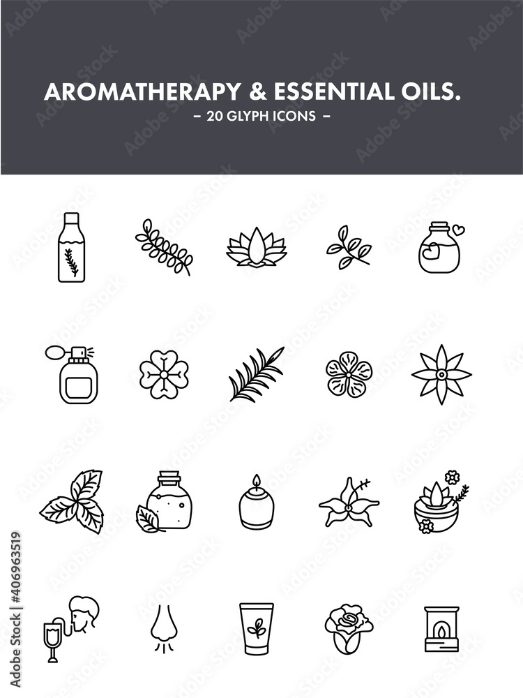 Aromatherapy And Essential Oils Icon Set In Black Line Art.
