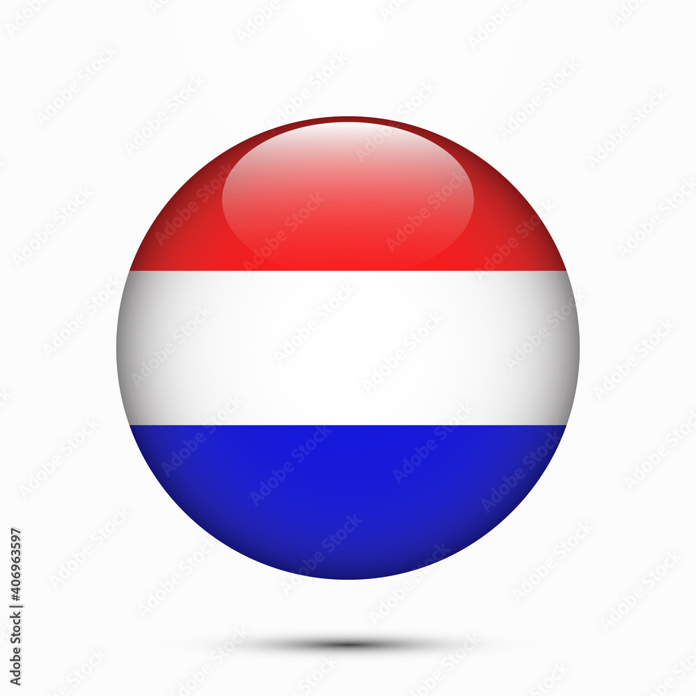 Netherlands flag vector circle shape button. Clear circle isolated Netherlands flag background button. Transparent glossy glass button. Vector Illustration Netherlands flag vector circle shape button. Clear circle isolated Netherlands flag background button. Transparent glossy glass button. Vector Illustration