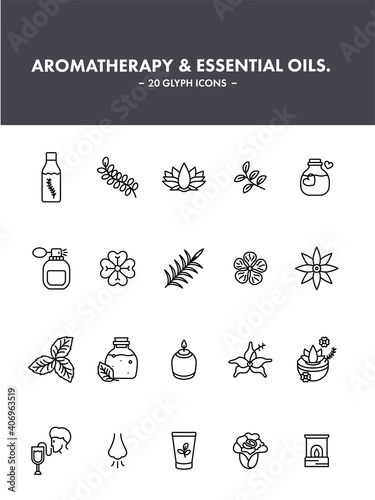 Aromatherapy And Essential Oils Icon Set In Black Line Art.