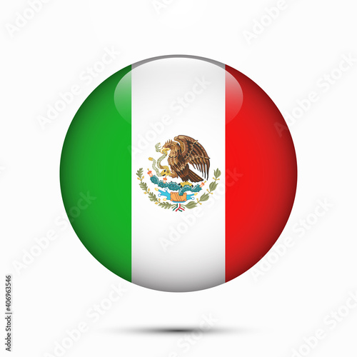 Mexico flag vector circle shape button. Clear circle isolated Mexico flag background button. Transparent glossy glass button. Vector Illustration