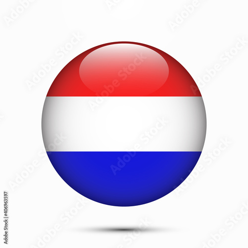 Netherlands flag vector circle shape button. Clear circle isolated Netherlands flag background button. Transparent glossy glass button. Vector Illustration