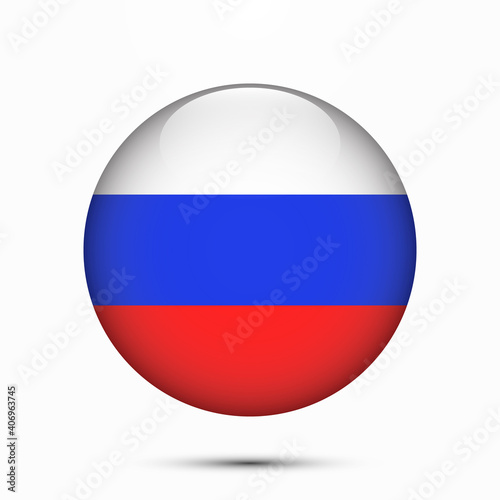 Russia flag vector circle shape button. Clear circle isolated Russia flag background button. Transparent glossy glass button. Vector Illustration