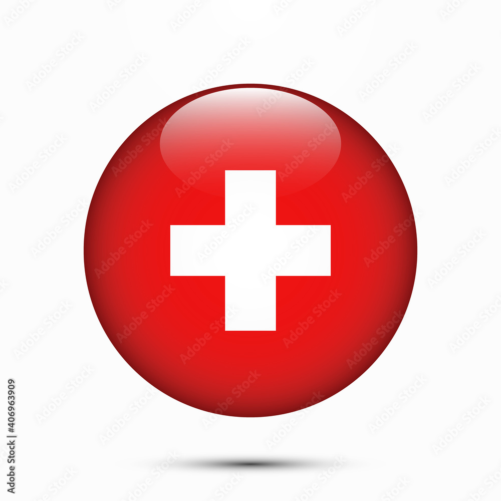 Switzerland flag vector circle shape button. Clear circle isolated Switzerland flag background button. Transparent glossy glass button. Vector Illustration