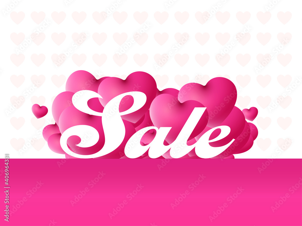 Naklejka premium Sale Poster Or Banner Design Decorated With Hearts In Pink And White Color.