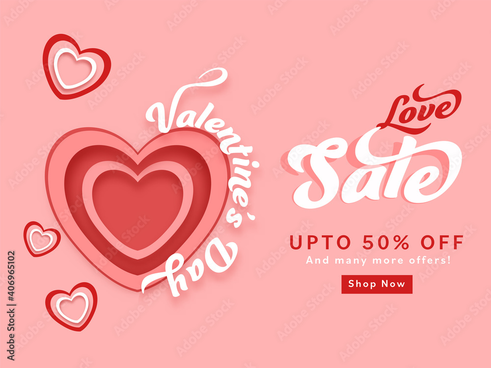 Valentine's Day Sale Poster Design With 50% Discount Offer And Paper Cut Hearts On Pale Red Background.