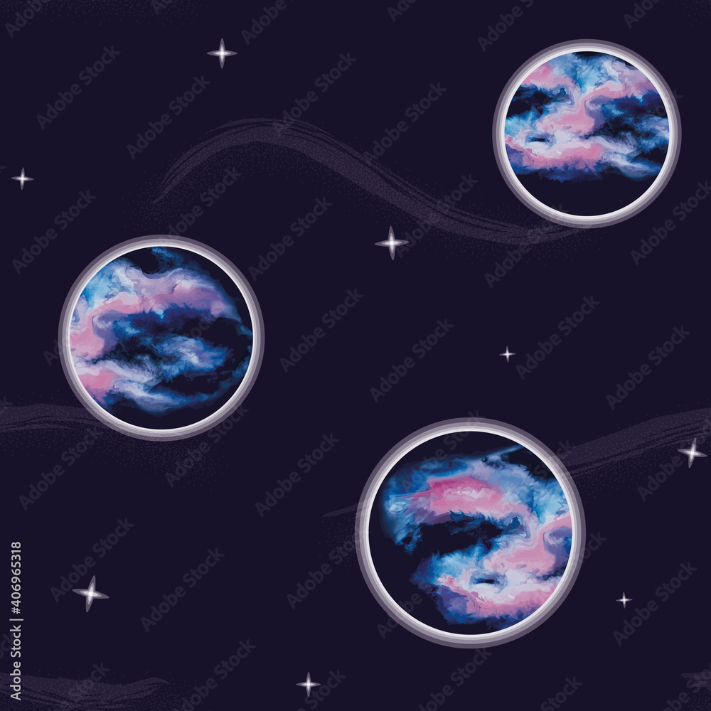 Fototapeta premium Vector Galaxy Planets in Space with Stars background seamless pattern background. Perfect for fabric, wallpaper and scrapbooking projects.