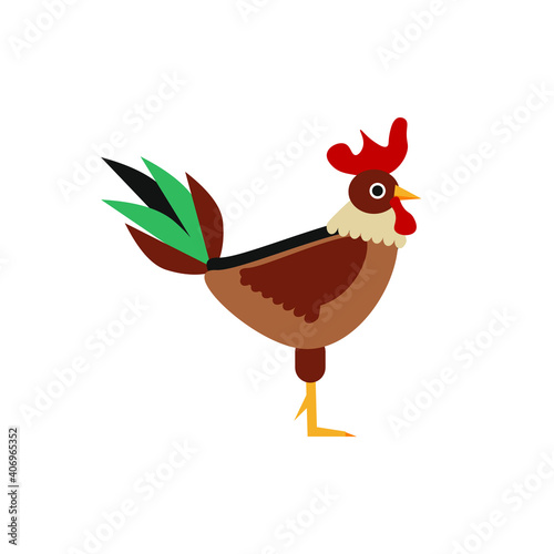 childish illustration of rooster on white background