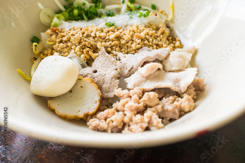 Noodles with boiled pork and meat ball, Thai cuisine