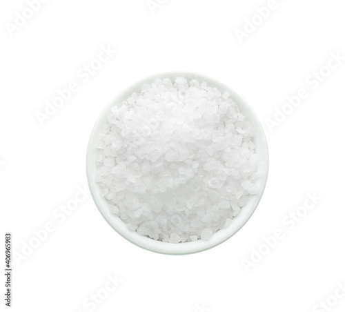 Natural salt in bowl on white background  top view