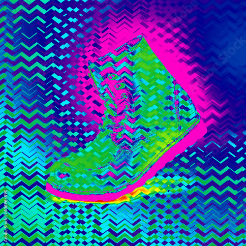 glowing neon. Bright multi-colored gradient. Boot. Concept hot summer time, party, vivid vision. An abstract glitch background. Instagram format..