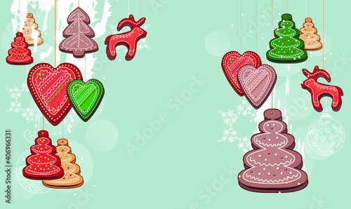 Festive Christmas background with hanging cookies. Template for season design with glass decoration