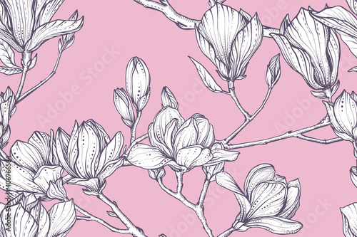 Vector floral seamless pattern of magnolia branches. Romantic elegant endless background