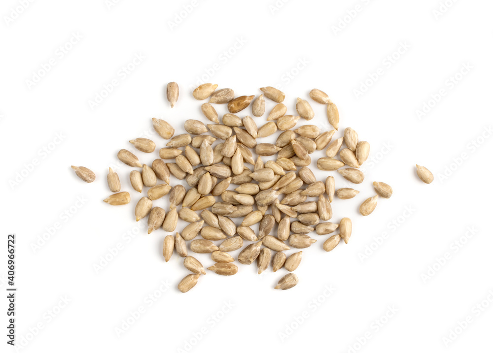 Pile sunflower seeds isolated on white background top view Pile sunflower seeds isolated on white background top view