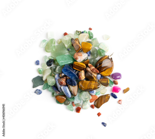 Colorful semiprecious stones mix, pebbles collection isolated