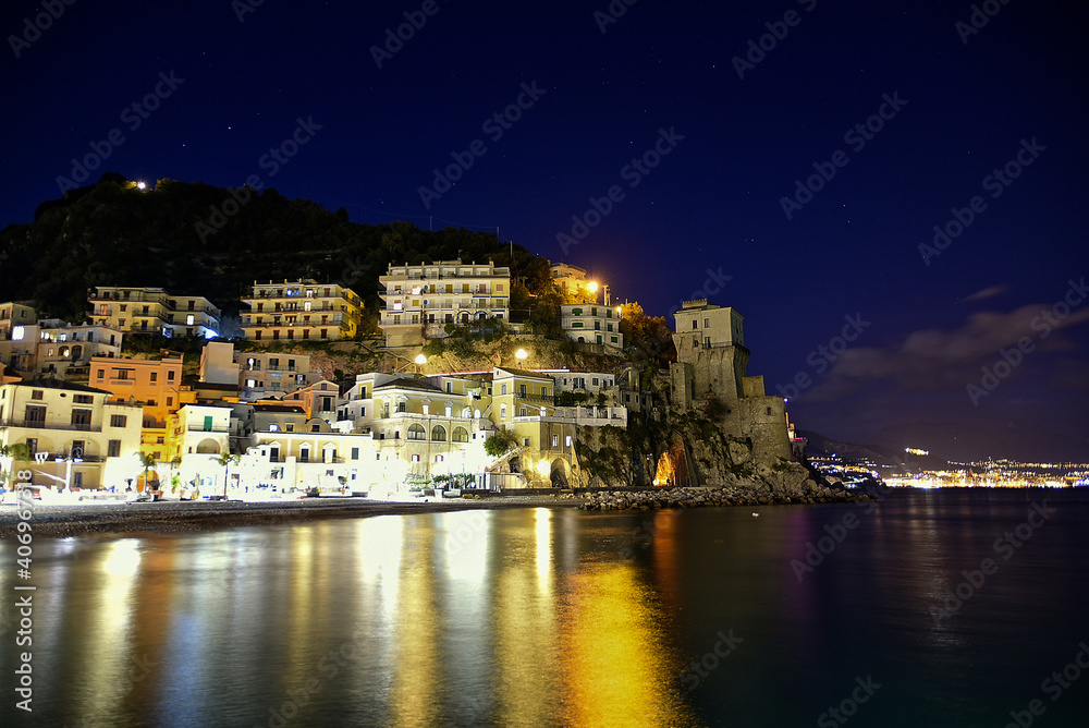 Panoramic night view of Cetara, a village on the Amalfi coast, Italy.