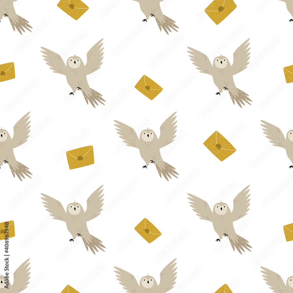 Naklejka premium Seamless pattern with cute flying owls and mails