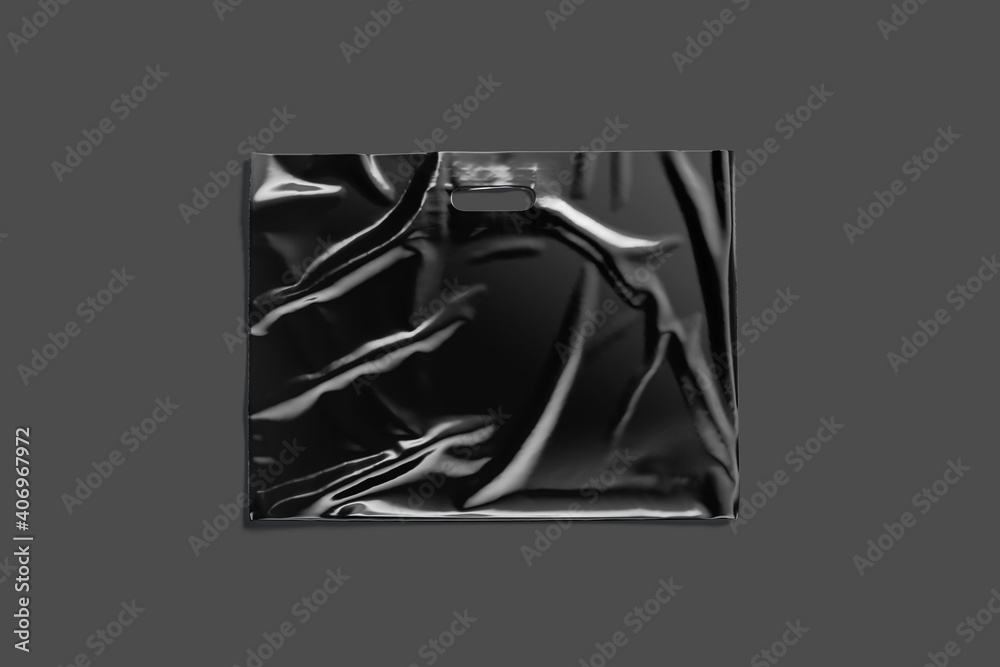 Naklejka premium Blank big black die-cut plastic bag with handle hole mockup