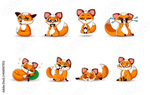 A large set of cute red foxes in a cartoon style in different poses and emotions