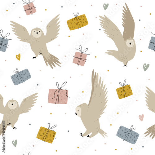Seamless pattern with cute owls anf gift boxes