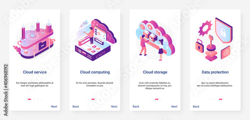 Isometric cloud service data protection digital technology vector illustration. UX, UI onboarding mobile app page screen set with cartoon 3d tech database service, safe computing datacenter connection