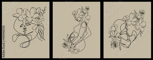 pregnant woman with flowers drawn by one line. the concept of the origin of life, love, family. perfect for logos, brochures, printing on fabric, prints, interior paintings
