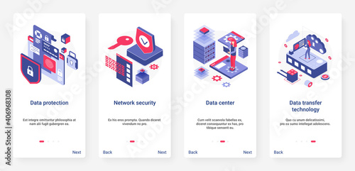 Isometric data protection, network security technology vector illustration. UX, UI onboarding mobile app page screen set with cartoon 3d personal privacy information, protecting database service