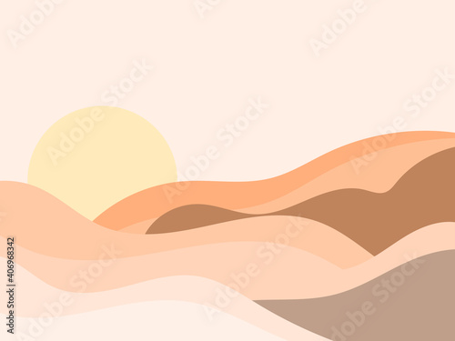 Desert landscape with dunes in a minimalist style. Flat design. Boho decor for prints, posters and interior design. Mid Century modern decor. Vector illustration