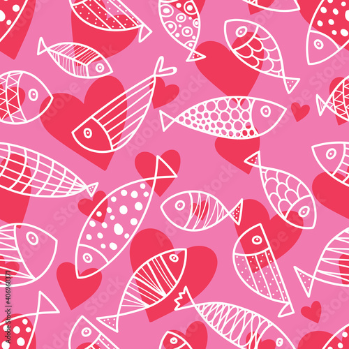 Cute fish and hearts.  Kids  background. Seamless pattern. Can be used in textile industry, paper, background, scrapbooking..