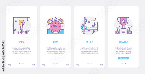 Creative art idea, musical creativity educational technology vector illustration. UX, UI onboarding mobile app page screen set with line music notes education, artist time training and awards symbols