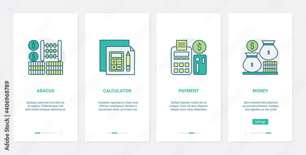 Finance methods of counting money payment vector illustration. UX, UI onboarding mobile app page screen set with line financial online technology to count profit, pay in bank, abacus calculator symbol