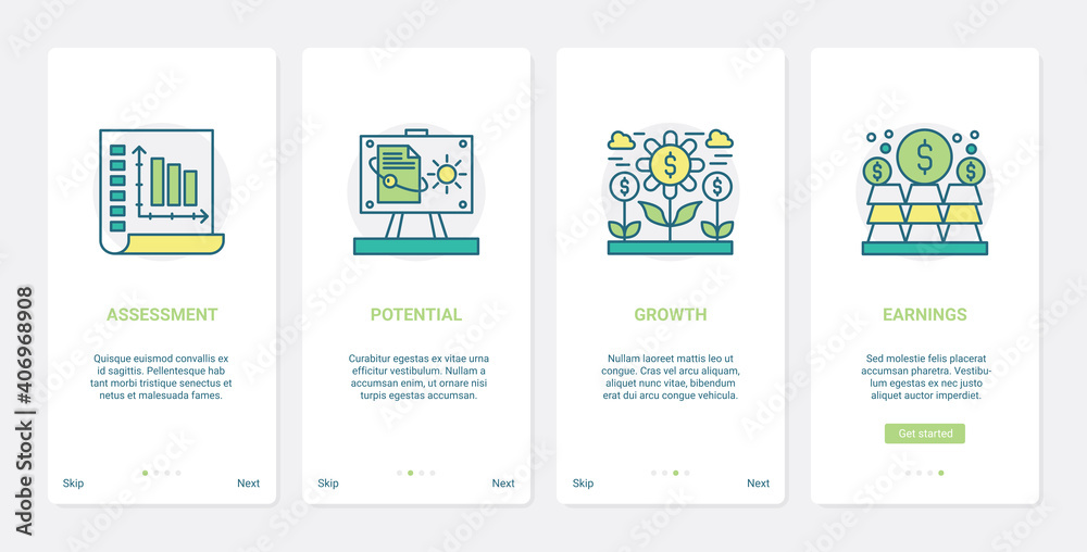 Finance income profit, earnings payment vector illustration. UX, UI onboarding mobile app page screen set with line financial assessment, potential increase revenue growth, growing money plant symbols