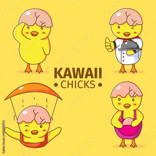 kawaii chick cute doodle illustration set