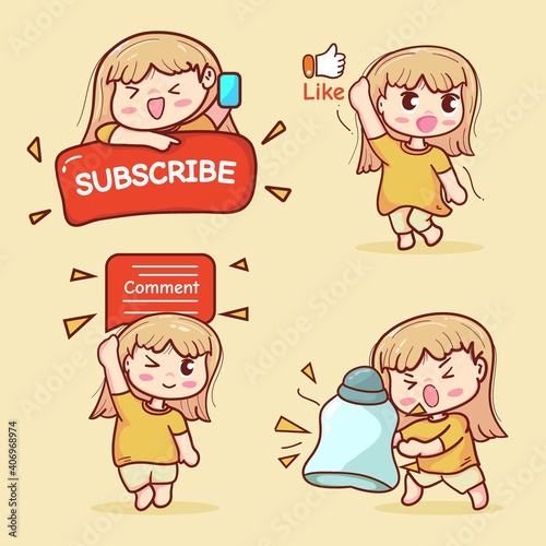 content creator youtuber character, cute girl character with subscribe, like, comment and notification icon