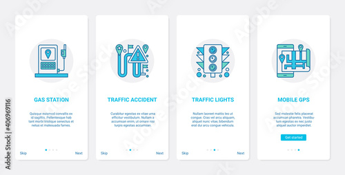 Gps map navigation service vector illustration. UX, UI onboarding mobile app page screen set with line gas station, alert of car transport accident location, traffic lights symbols in phone navigator