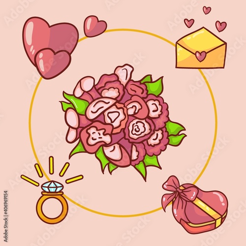 a collection of illustration elements of marriage proposal, bouquets, rings, love letters and chocolates