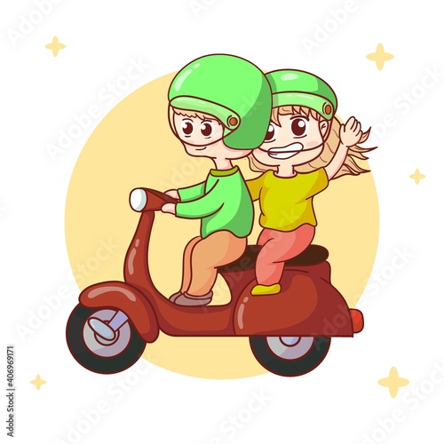 cute couple driving on motorbike scooter