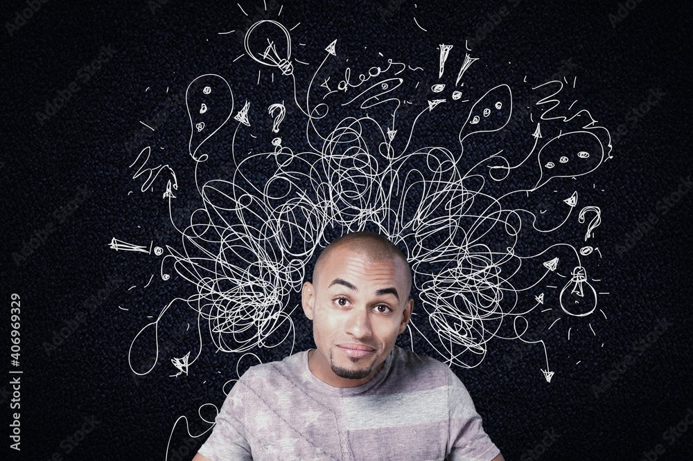 Young man with worried stressed face expression with illustration Young man with worried stressed face expression with illustration