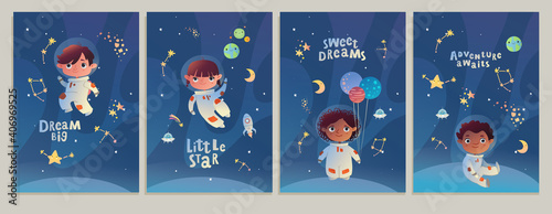 Set of cards. Baby shower. Little astronauts floating around in open space, among stars, planets,  and comets.