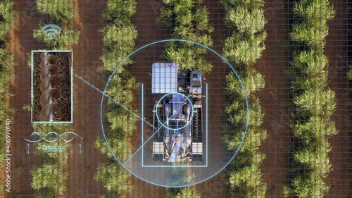 Agritech Drone monitoring Olive harvest operation  with zoom in bubble reading plant health.