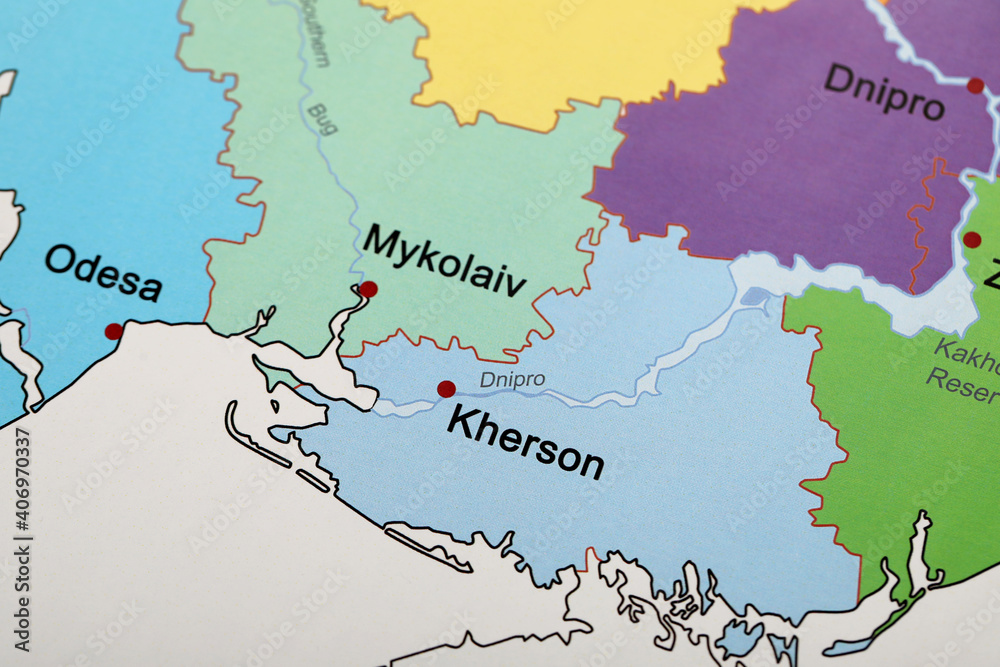 Southern region on map of Ukraine, closeup