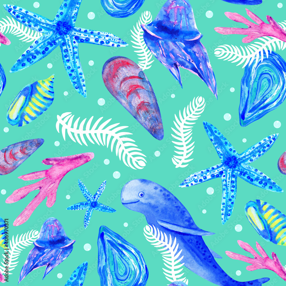 Seamless sea pattern with dolphin, seashells, corals and starfishes. Teal ocean background. 