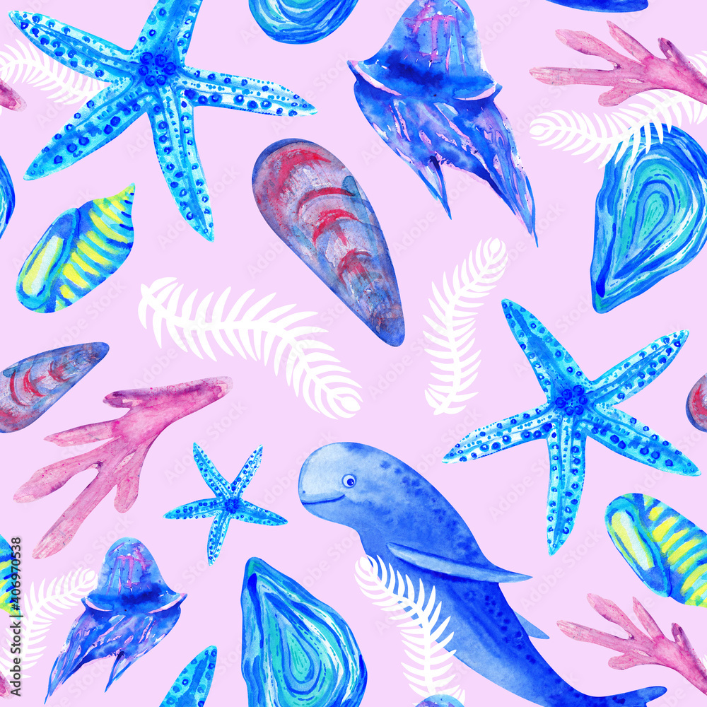 pink sea underwater life seamless pattern
