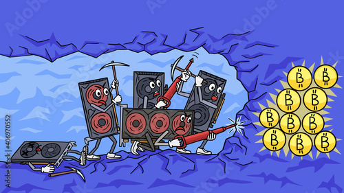 Cartoon video cards work and mine cryptocurrency.