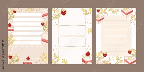 To do list, daily planner, notepad templates, bullet journal with hand drawn cake and strawberry elements
