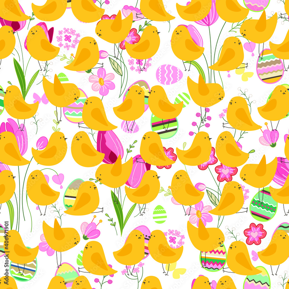 Seamless easter pattern with yellow birds and flowers Seamless easter pattern with yellow birds and flowers