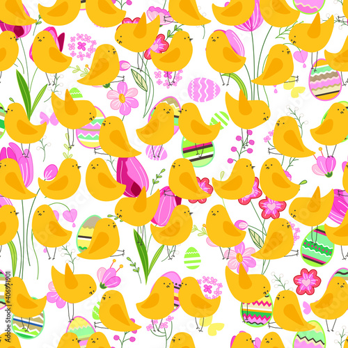 Seamless easter pattern with yellow birds and flowers