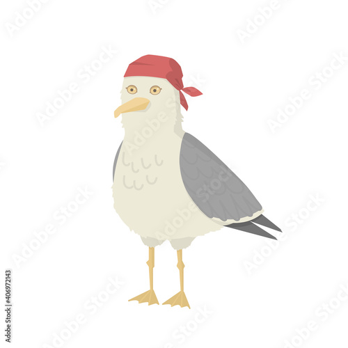 Seagull vector character. Cartoon gull in bandana. Flat illustration 